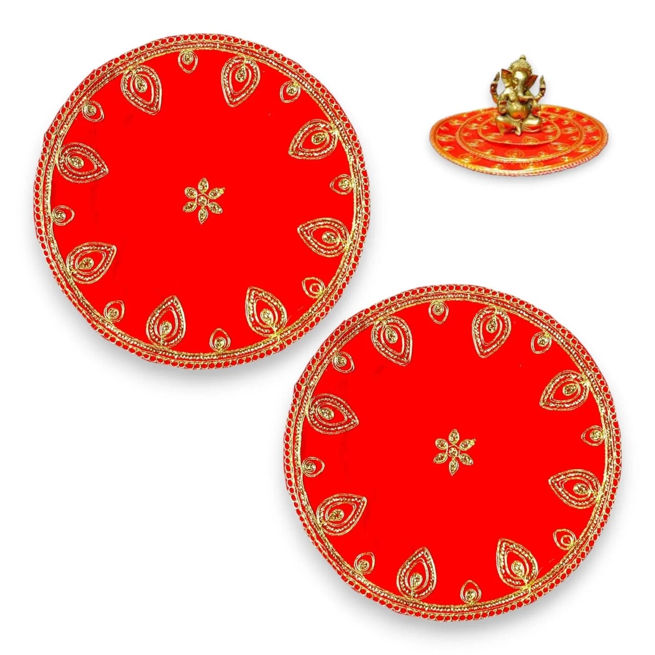 Red Velvet Pooja Mat Aasan Decorative Cloth for God Goddess Idol Puja Asan Mandir Temple Home Office Decor Base Chowki Indian Festival Diwali Decorations Item - Housewarming Gift